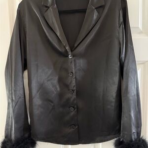 Black Satin Button-Up Blouse with Faux Fur Cuffs